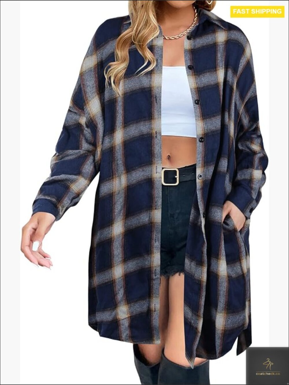 Women's Button Down Flannel Shacket Oversized Plaid Long Jacket Coat
